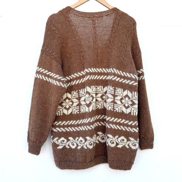 Vintage Hand-Knit Nordic Button Cardigan Oversized Brown Fair Isle XL Grandpa - Picture 6 of 6